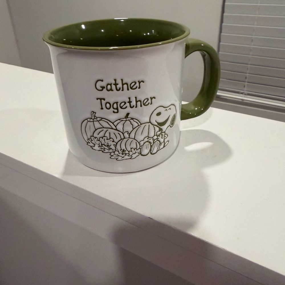 Peanuts Snoopy ‘Gather Together’  2 sided Green and White Ceramic Mug